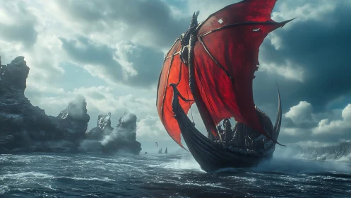 Dragon-prowed warship under red sails in stormy seascape.