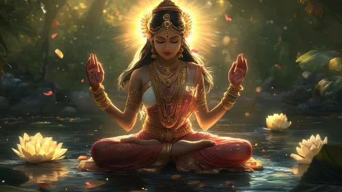 Radiant goddess meditating in lotus pond with cinematic backlight
