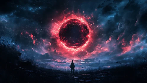 Crimson eclipse over a lone dreamer on the twilight path.