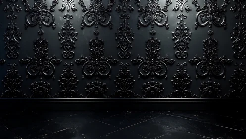 Midnight baroque wall with glossy black ornamental flourishes.