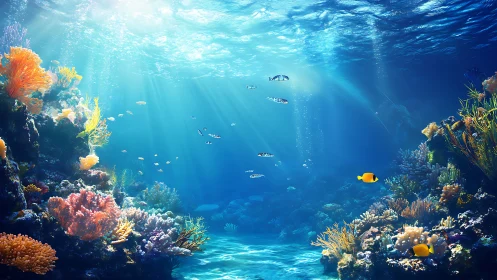 Sunlit coral reef glows beneath crystal blue waves.