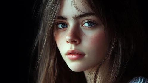 Soft-lit portrait reveals freckled skin and glassy eyes.
