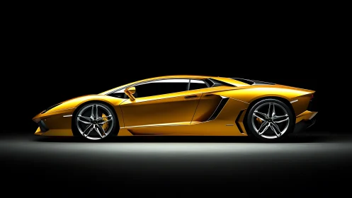 Side view shows low-profile gold sports coupe in studio