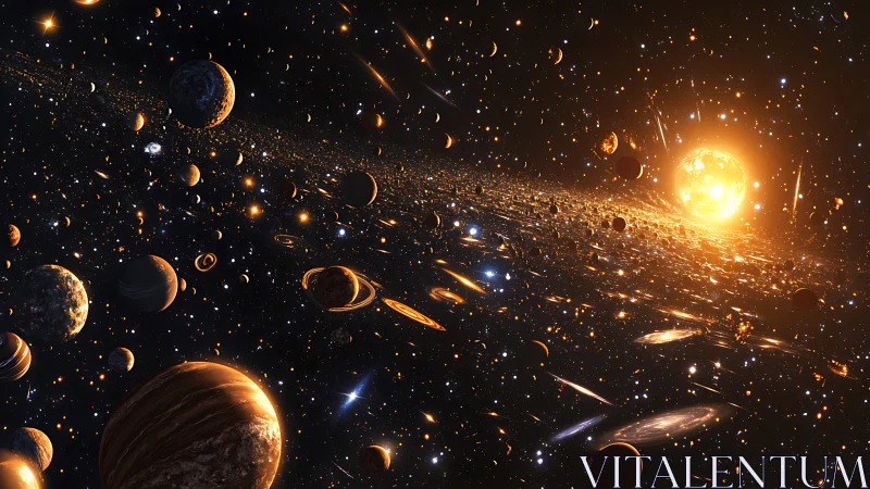 Radiant star ignites a swirling cosmos of countless worlds.