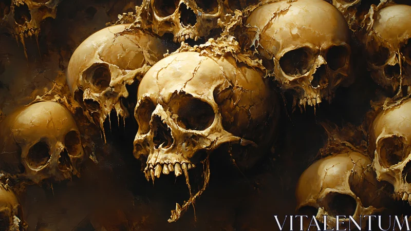 Clustered human skulls in dense, deteriorating arrangement.