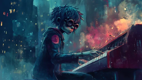 Midnight synth sorcerer conjuring neon city echoes.
