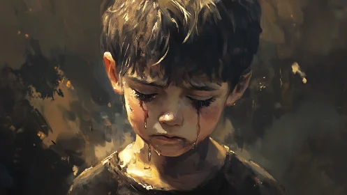 Somber digital portrait of a crying young boy in shadow.