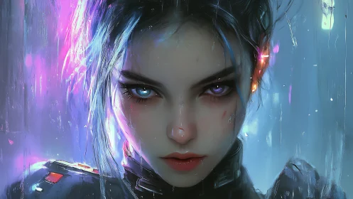 Cyberpunk warrior portrait with glowing heterochromic eyes.