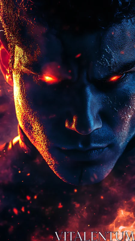 Fiery eyed figure in blue light amid glowing embers.