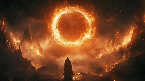 Fiery ring hangs above cloaked figure in infernal canyon.