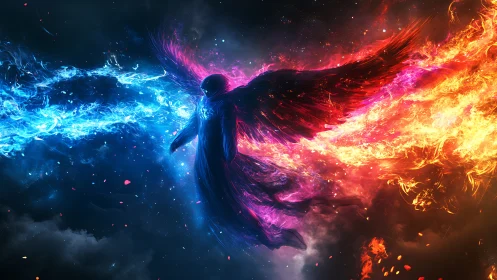 Winged guardian between fire and ice in glowing night sky.