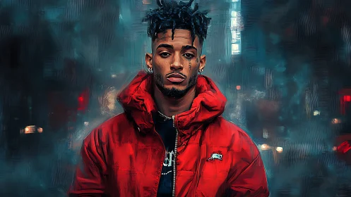 Digital portrait man in red jacket on moody night street.