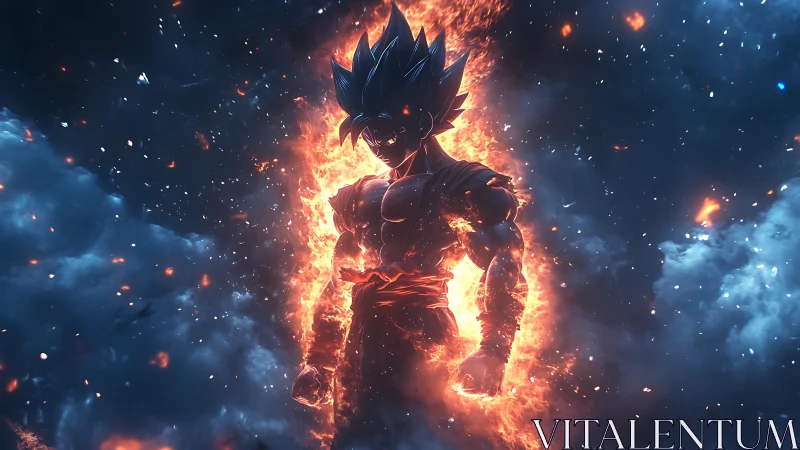 Fiery warrior silhouette ignites within stormy cosmic void