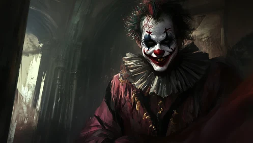Sinister clown stalks dim cathedral with predatory grin.