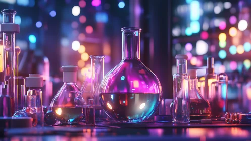 Neon glass beakers glow inside futuristic chemistry lab