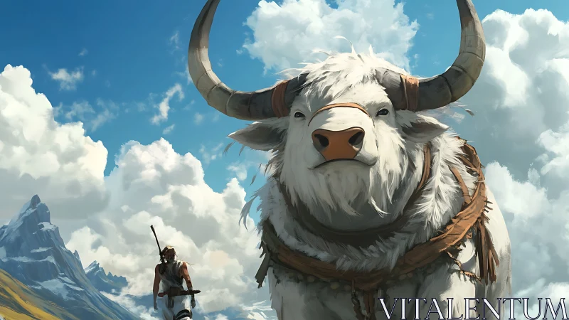 Skyroad guardian yak and wanderer crossing cloudbright peaks.