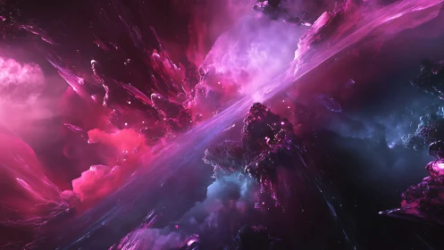 Cosmic nebula erupts in vivid magenta and electric violet light.