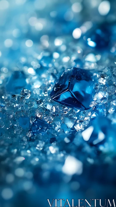 Macro study of faceted blue crystalline fragments in bokeh field.