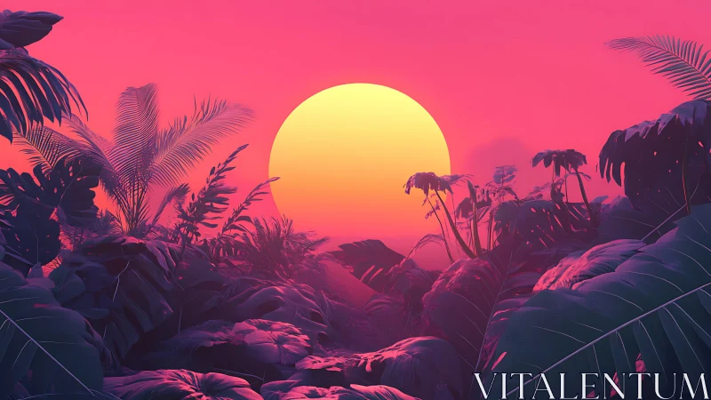 Neon tropical sunset behind dense jungle foliage.