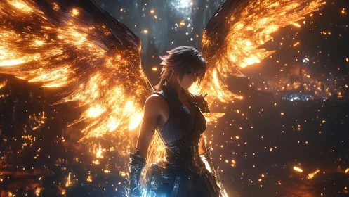 Winged ember guardian in a shimmering fantasy inferno.