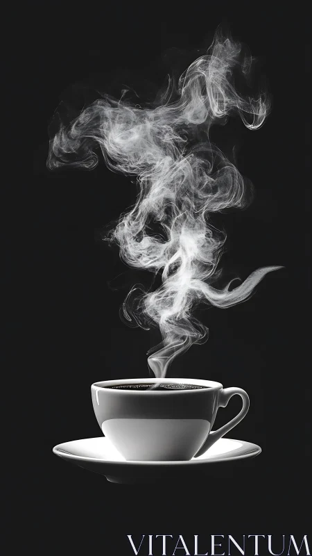 Hot black coffee steams from white porcelain cup on black