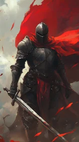 Armored dark knight with red cloak amid swirling embers.