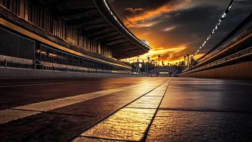 Sunlit racing circuit under dramatic sunset sky glow.