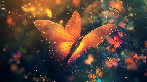 Central luminous butterfly is rendered amid diffuse color field