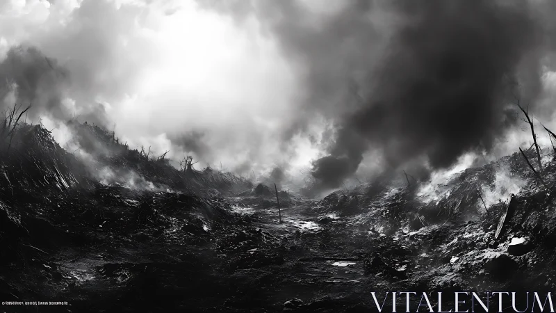 Desolate war-torn landscape under heavy smoke clouds.