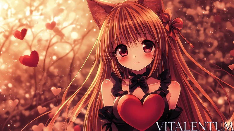 Cat-eared anime girl glows in a warm, heartlit evening forest