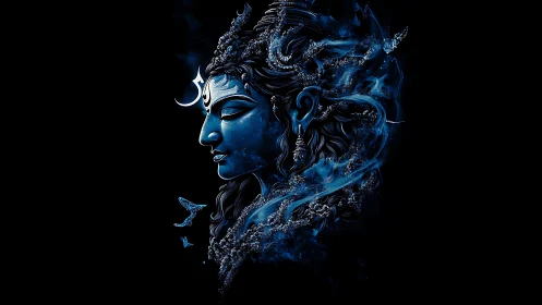 Divine blue deity portrait glows against a cosmic void