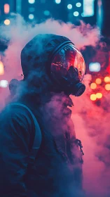 Hooded figure in respirator walks through neon city fog