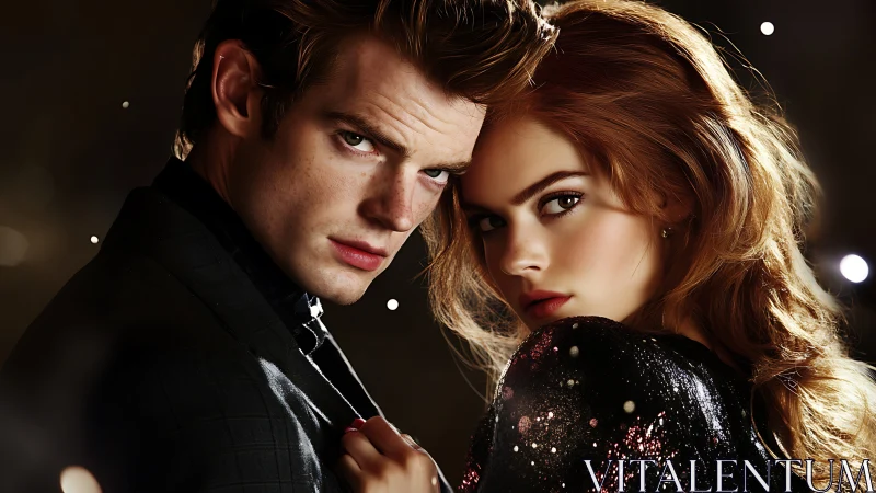 Cinematic close-up of glamorous couple in dramatic low-key lighting