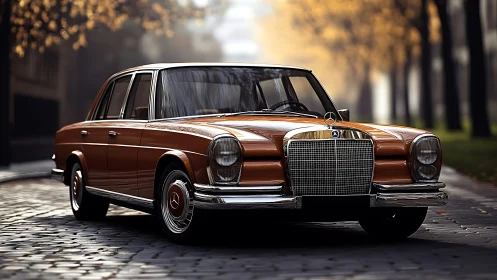 Autumn boulevard icon: burnt-orange classic sedan glows softly.