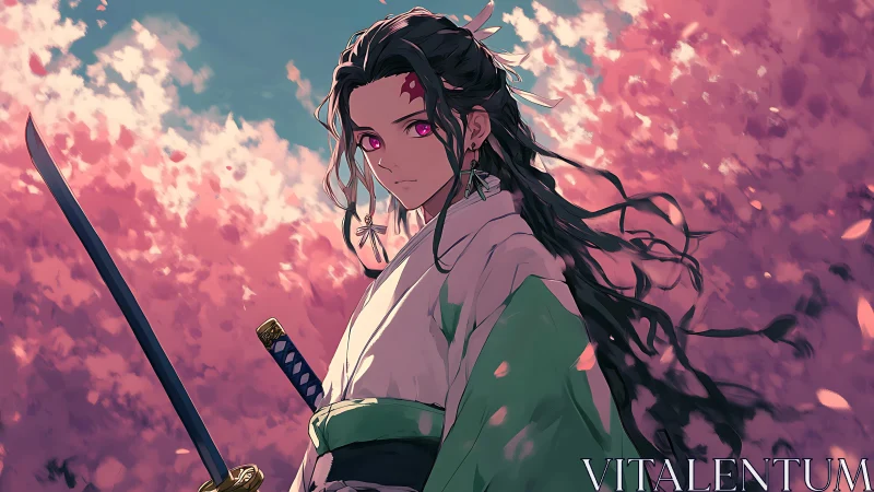 Anime swordsman under sakura canopy in dynamic three-quarter view.