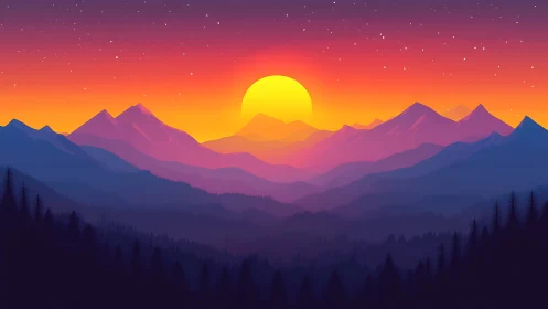 Sun sets behind layered mountains under gradient sky
