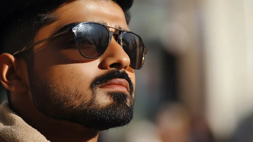 Photorealistic urban portrait with reflective sunglasses detail.