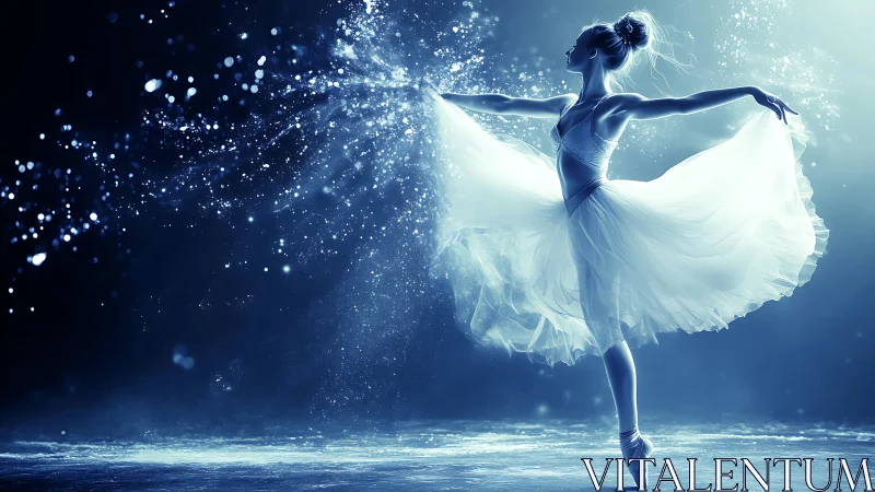 Ballet dancer en pointe amid dispersed luminous particles.