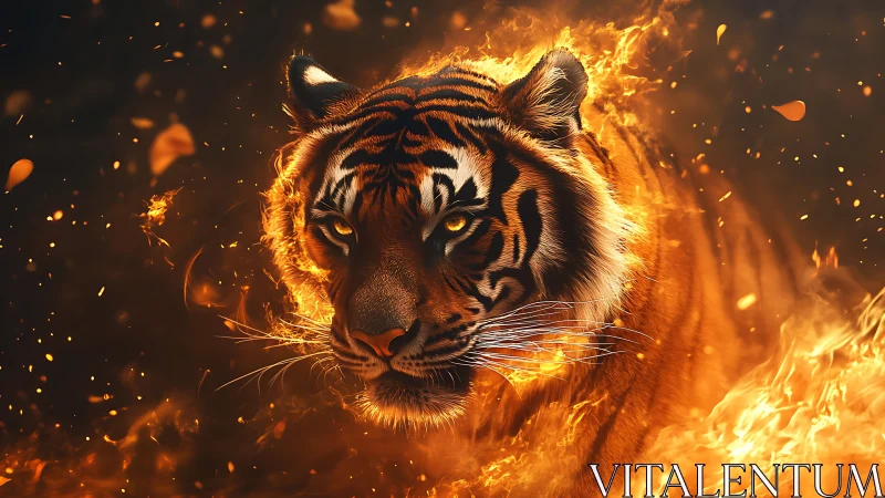 Tiger strides through swirling fire with intense ember gaze