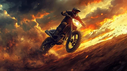 Midair dirt rider carves firelit clouds into racing trails