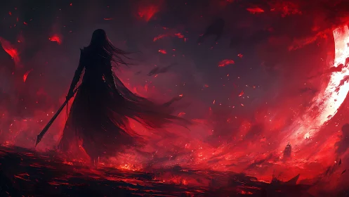 Lone dark warrior surveys a burning crimson apocalypse.