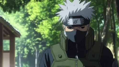 Masked silver-haired ninja in tactical vest under forest light.