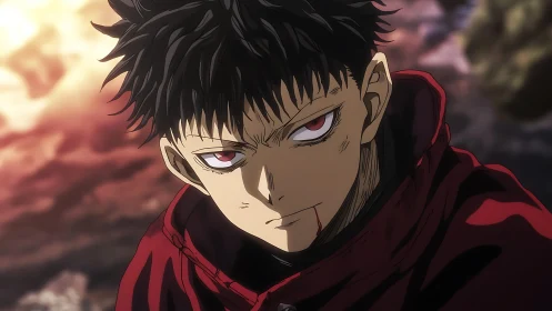 Bloodied stare carves quiet defiance through burning dusk