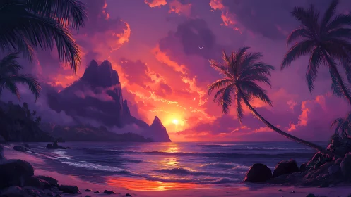 Sunset paints volcanic shores with glowing tropical whispers