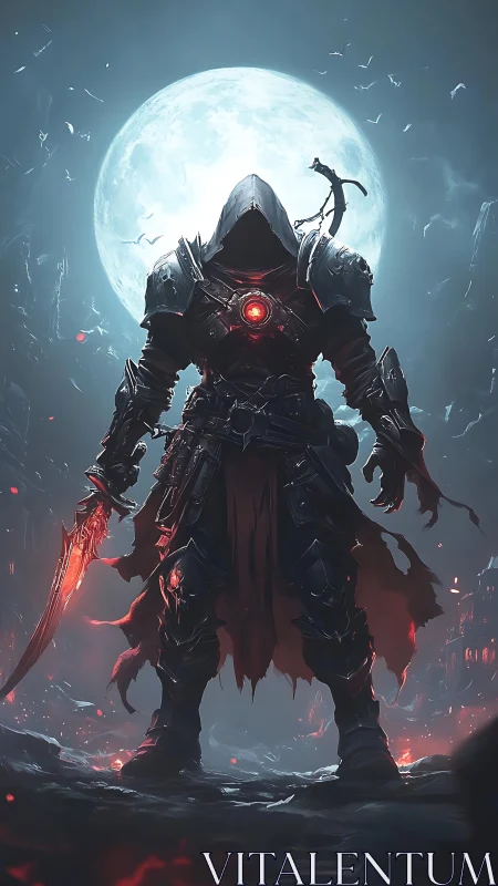 Hooded armored figure stands before full moon with glowing core