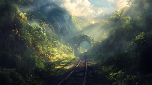 Railway vanishing into misty tropical tunnel with volumetric light