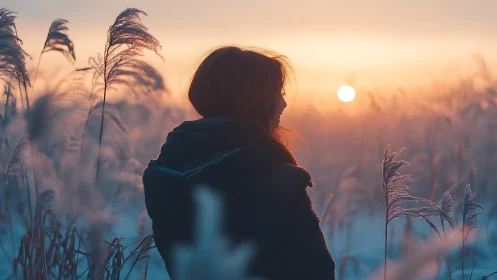 Woman in Field at Sunset, Soft Pastel Colors and Dreamy Mood.