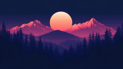 Neon sunset over pine forest and glowing mountain peaks.