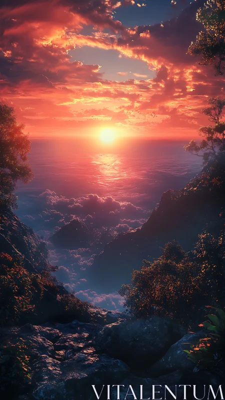 Sunset above cloud sea from glowing cliff overlook.