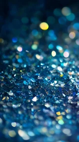 Macro photograph shows blue glitter surface with bokeh lights